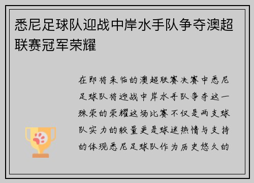 悉尼足球队迎战中岸水手队争夺澳超联赛冠军荣耀